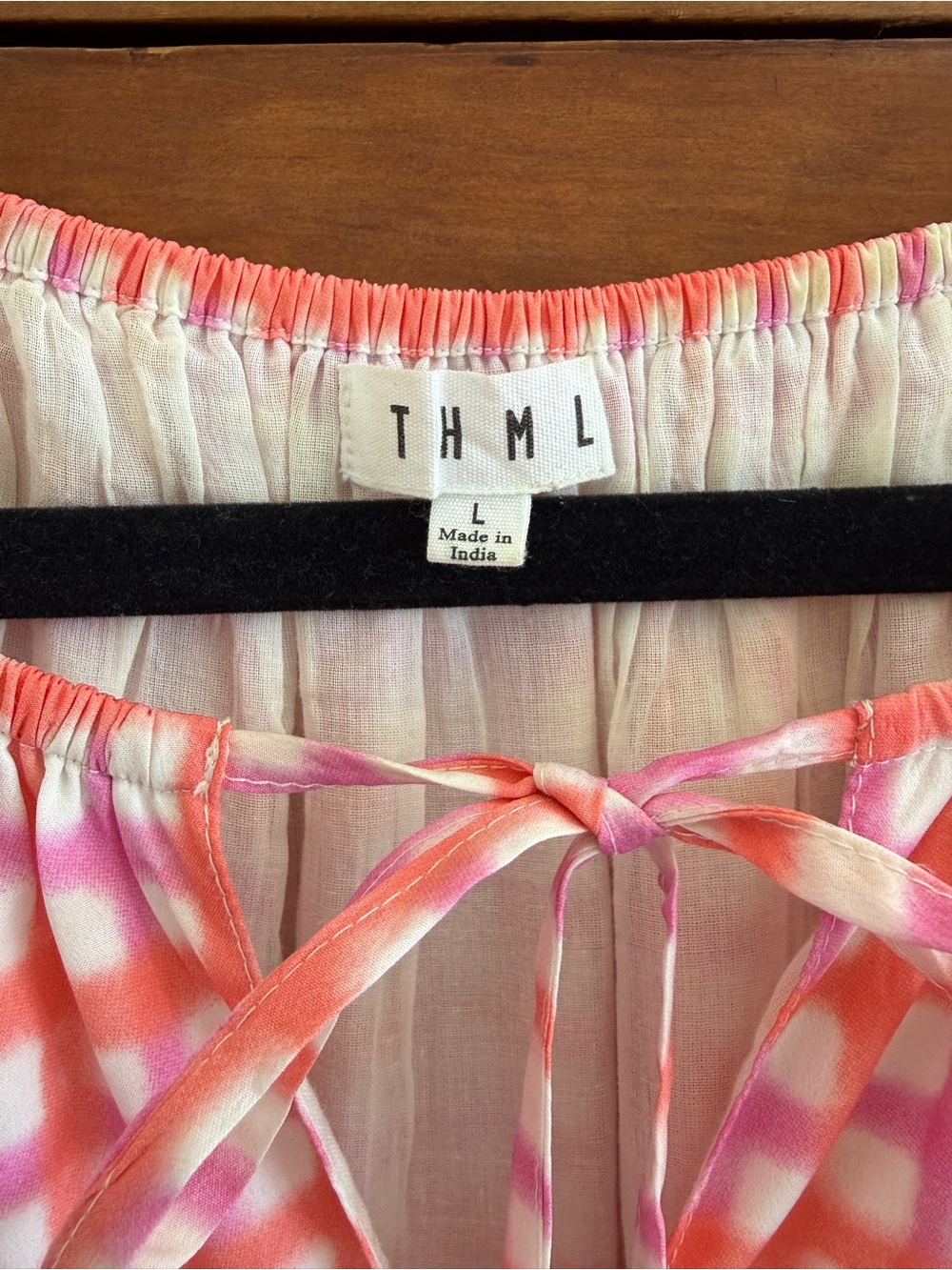 THML Pink and White Check Tie-Neck Tiered Dress with Teal Tassels - Picture 2 of 5